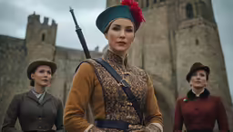 women in historical clothing with large weapons in front of a castle