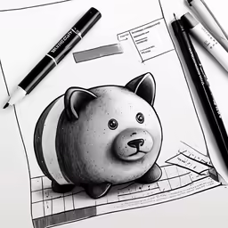 some pencils are laying on top of paper and there is a drawing of a bear
