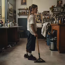 woman holding an upright floor sweeper in a messy room