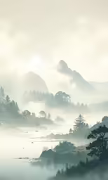 foggy river landscape with trees in foreground