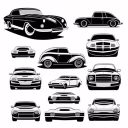 various types of cars in the front view and side view,a set of 9 classic automobiles in vintage style