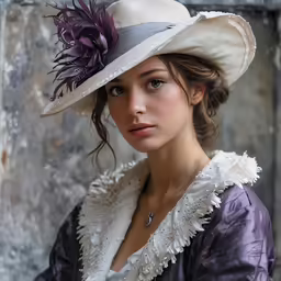 a beautiful woman in a white hat and dress