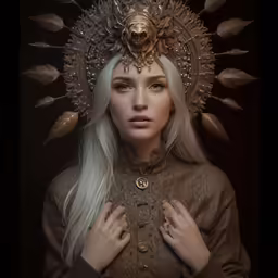 a lady wearing a cross with an elaborate headdress