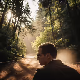 a man stands near a trail in the woods