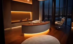 a room with large windows and a curved counter