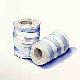 a watercolor drawing of two rolls of striped paper,two rolls of blue striped paper with one roll lying on the other
