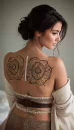 a woman in a long sleeved dress has a tattoo on her back