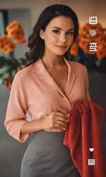 a woman holding an orange cloth in her hands