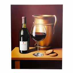 a painting of wine and two cookies by a golden jug