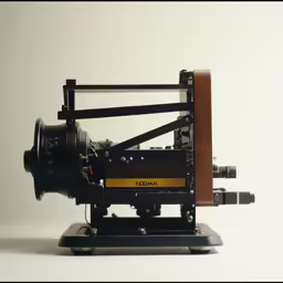 a miniature camera on a black stand against a white backdrop