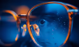 a pair of blue lensed glasses with a close up view of the reflection of the lens