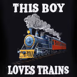 this boy loves trains for his t - shirt,a blue and red train on black background