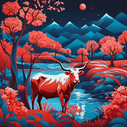 a painting with a cow in the forest next to water