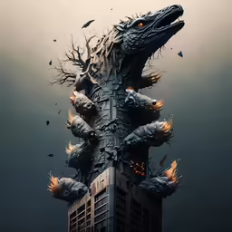 an artistic illustration of a dragon standing on top of a building