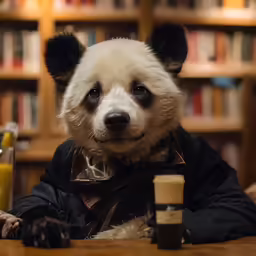 the panda is wearing a fur coat and bow tie