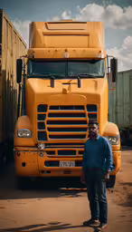 a man is standing beside his truck in the dirt,man posing in front of truck with sky and clouds behind it