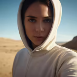 a woman in a white hoodie is posing for the camera