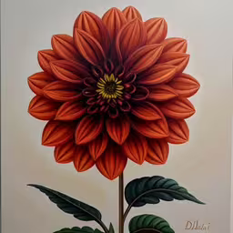 a colorful picture of a flower on white paper,a large orange flower is shown with two green leaves