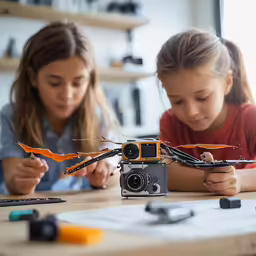two children at a table doing an art project with an antique camera