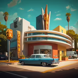 a car is parked outside a building with signs on it