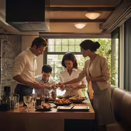 group of people in a kitchen standing around a table