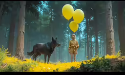 a man holding two yellow balloons on the head of a horse