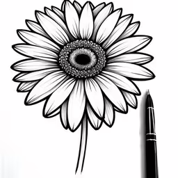 a flower is drawn in black and white,a black and white drawing of a flower with a bullet pen nearby