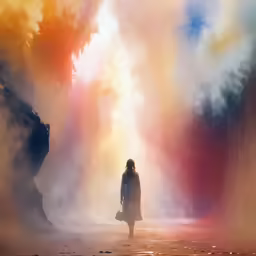 an abstract image shows two people standing near smoke