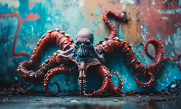 an odd, creepy looking octopus holding a skull