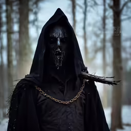 a person wearing a hooded costume in the woods