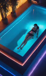 the woman is floating on the inside of a pool,a person laying on the side of a swimming pool in some buildings