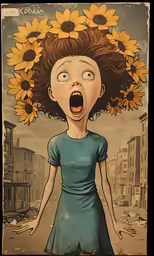 a drawing of a woman with sunflowers on her head