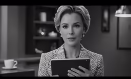 a woman is holding an ipad in her hand