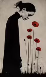 the image of a woman looking down at a group of red flowers