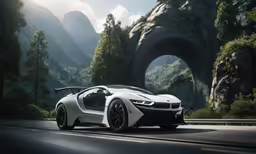 a white sports car driving down a highway with trees on both sides