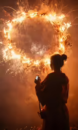 the woman is taking a photo of a fireworks