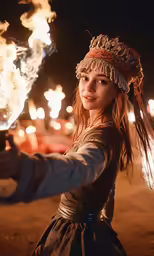 a girl holds up a fire wand in the middle of her face