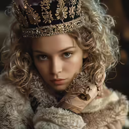 a close up of a person wearing a crown