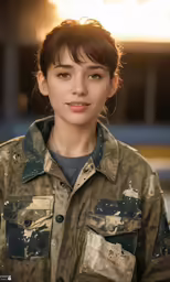 a woman posing for the camera, wearing a green jacket