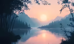 sunset on a misty lake with mountains in the background