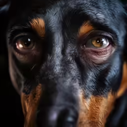 a close - up of the face of a dog with yellow eyes