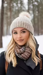 the blond lady wearing a brown hat is posing in the snow