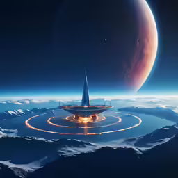 spaceships flying around a round circle shaped surface on space