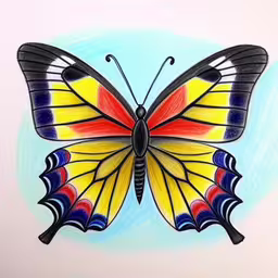 drawing of a butterfly in colored pencils,colored butterfly that is on a paper with pastel colors,a colorful butterfly sitting on top of a blue background,a painting of a bright yellow butterfly,an illustration of a multicolor butterfly against a blue background