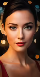 a woman is looking at the camera with a lot of lights behind her