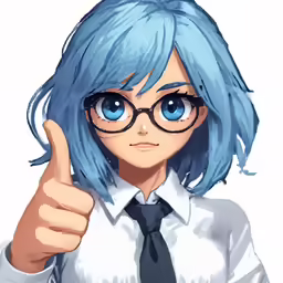 an image of a woman wearing glasses and holding up her thumb