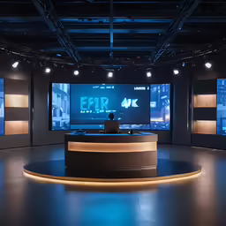 large tv screen in center room surrounded by lights