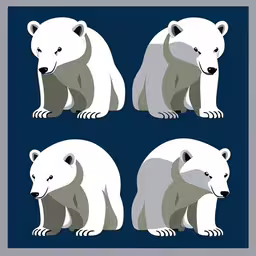a set of four polar bears with the image on it,three polar bears facing different directions of their respective shapes,four polar bears and one bear cub in a square,four polar bears sitting next to each other,three white polar bears with multiple angles