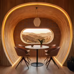 the inside of a round house with a view of a mountain range