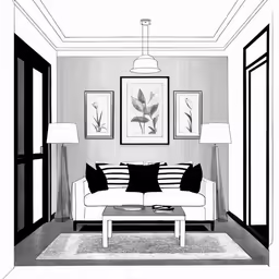 a living room with couches, pictures and framed art on the wall